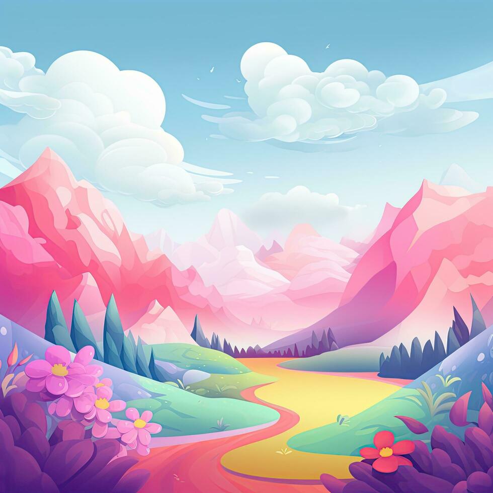Bright abstract landscape in rainbow colors in flat style, mountains, clouds. Generative AI photo