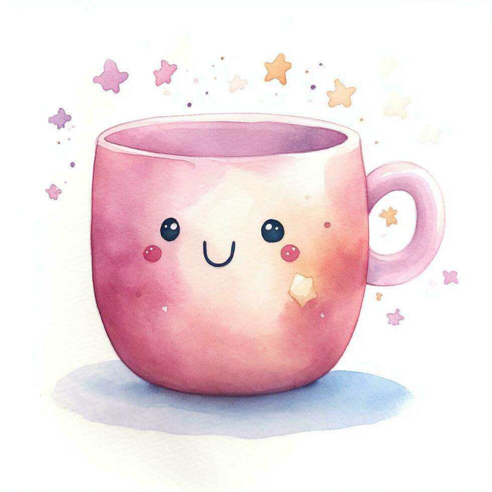 Cute watercolor illustration of a mug in kawaii style. Generative AI photo