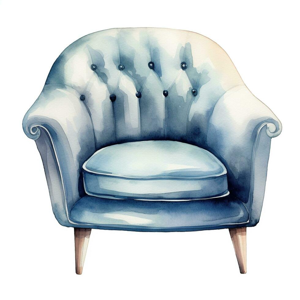 Watercolor illustration of a modern armchair in retro style. Single element, clipart, boho, cozy. Generative AI photo