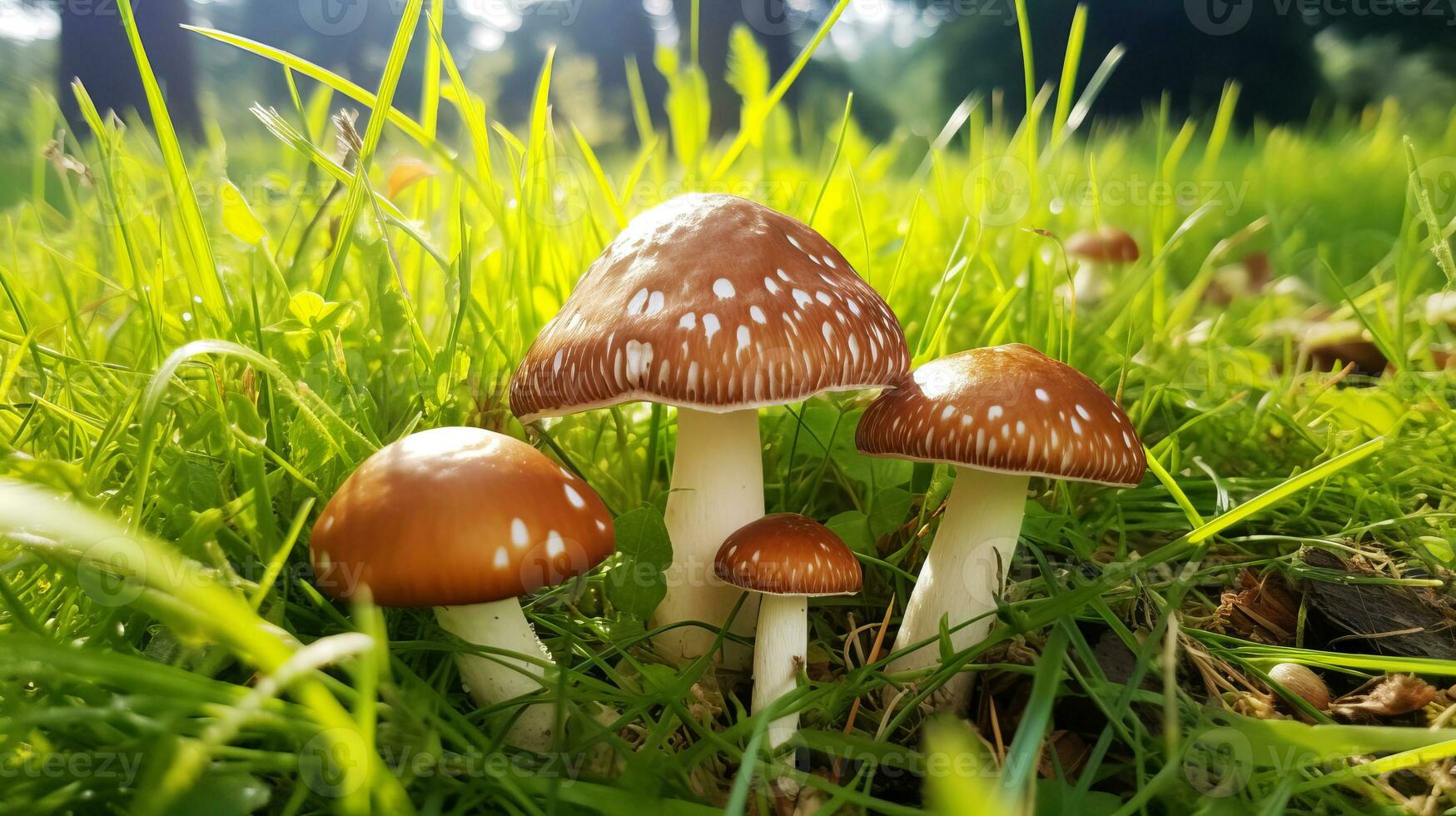 Forest mushrooms in a clearing. AI generated. photo