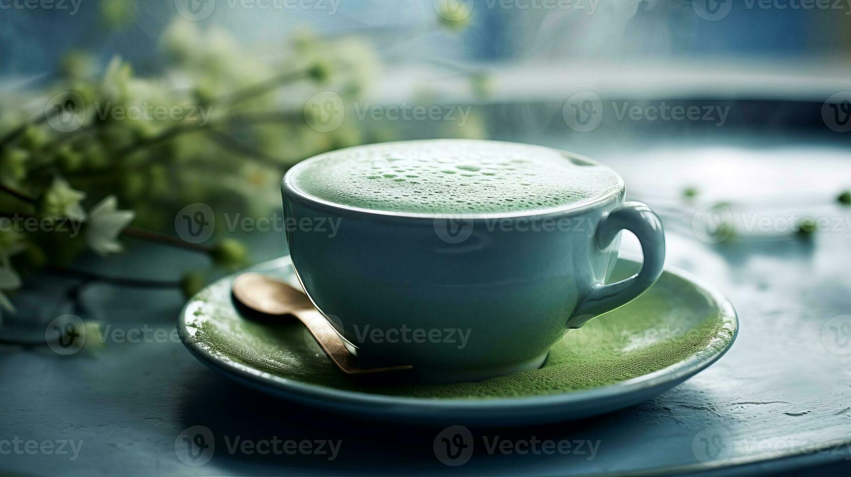 Matcha coffee in a porcelain cup. AI generated. photo