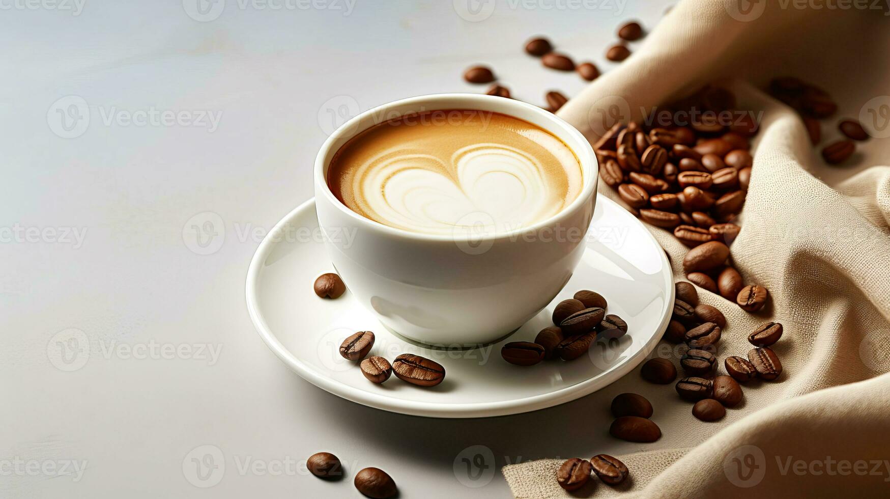 A cup of coffee on a saucer stands on a table, coffee beans are scattered on the table. AI generated. photo