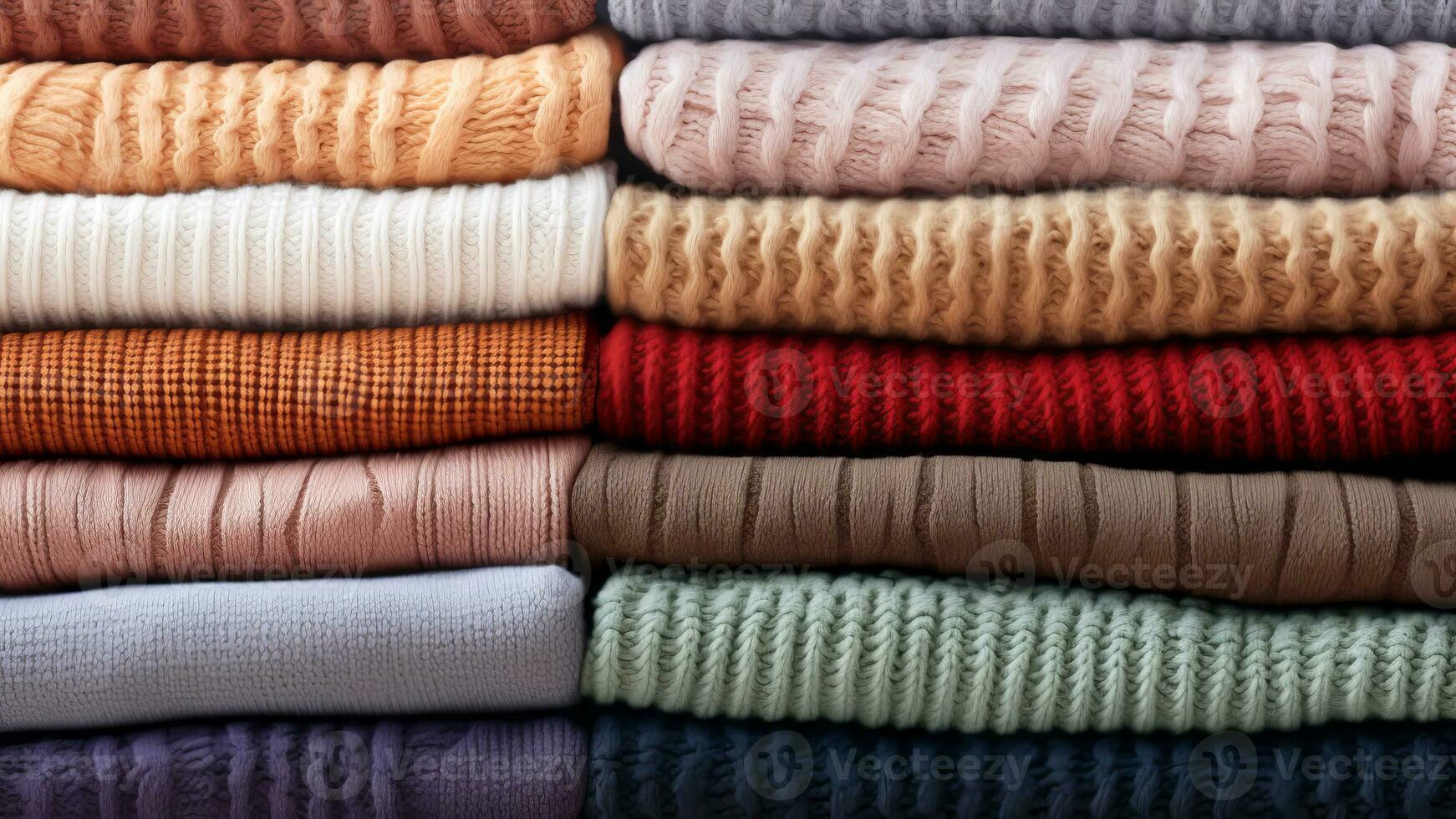 Warm woolen sweaters stacked in a row. AI generated. photo
