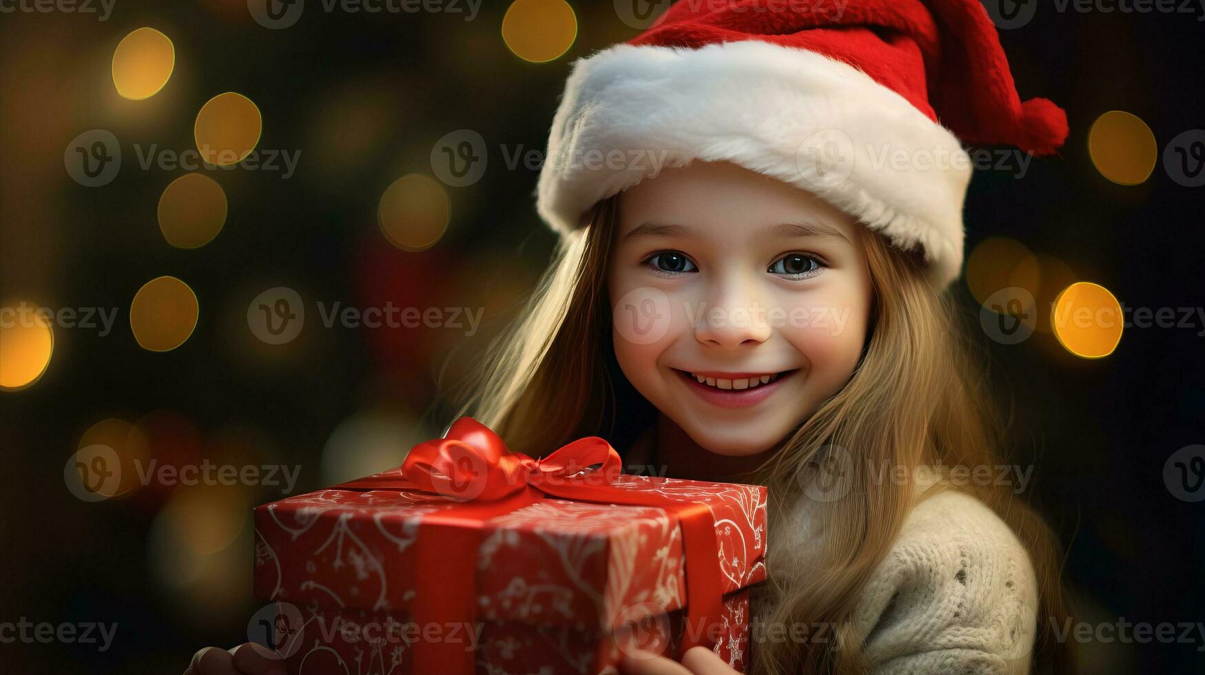 un pequeño niña sostiene un regalo caja con un Navidad o nuevo años regalo. ai generado foto