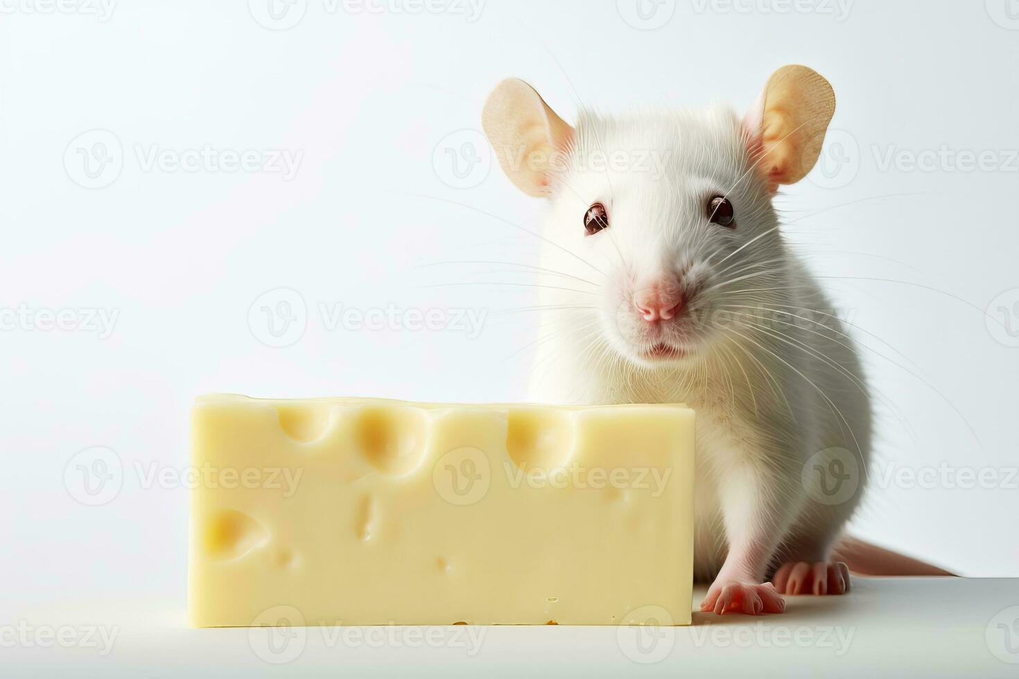 Close-up copy space white tame rat or mouse with cheese. AI generated. photo