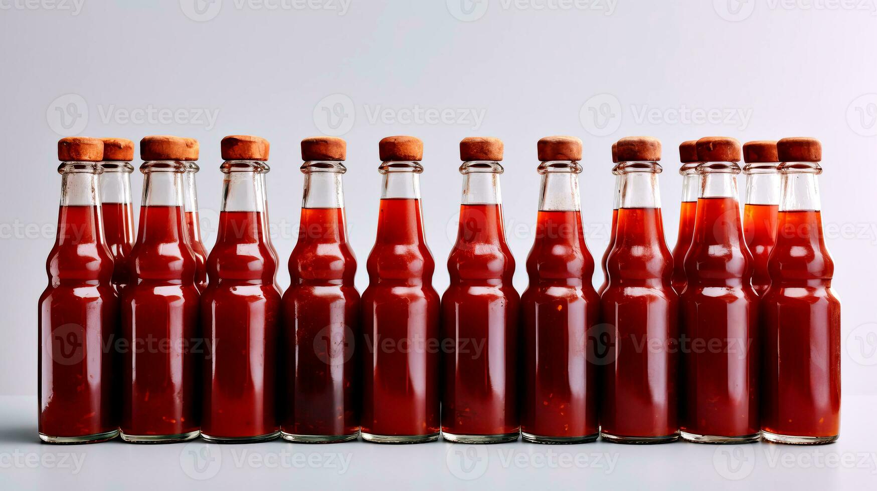 Glass transparent bottles with homemade tomato sauce. AI generated. photo