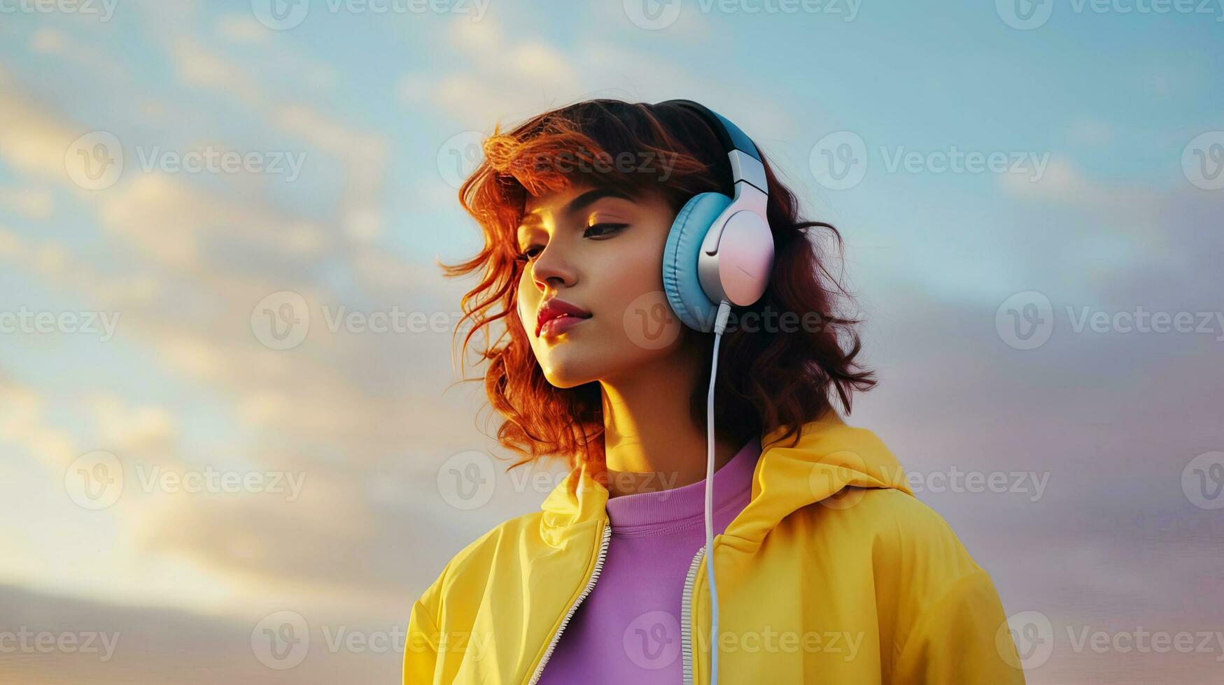 un hermosa niña en amarillo ropa y auriculares escucha a música en contra un azul cielo. ai generado. foto