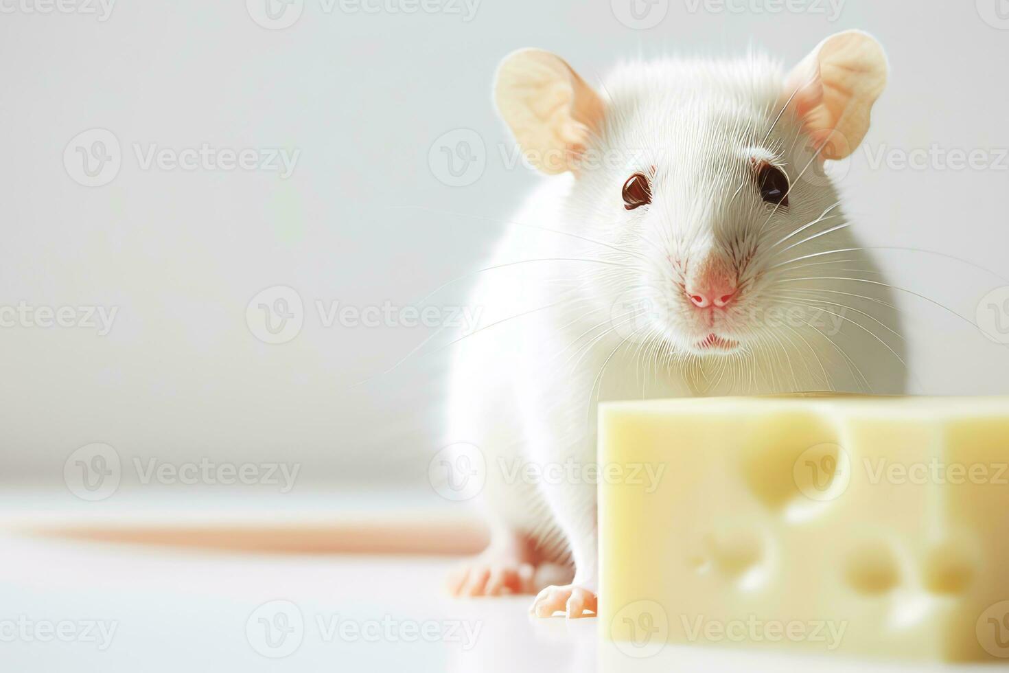 Close-up copy space white tame rat or mouse with cheese. AI generated. photo