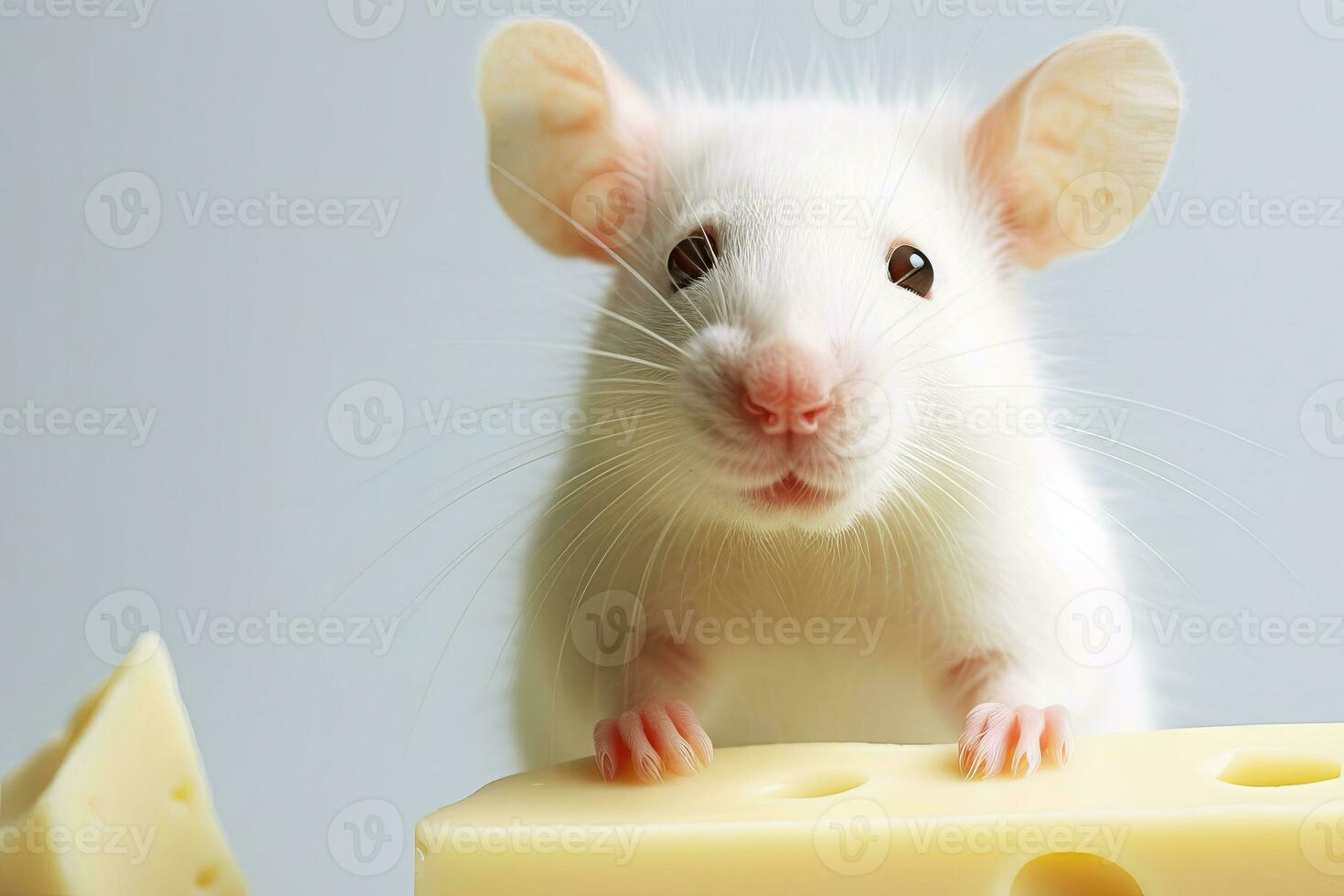 Close-up copy space white tame rat or mouse with cheese. AI generated. photo