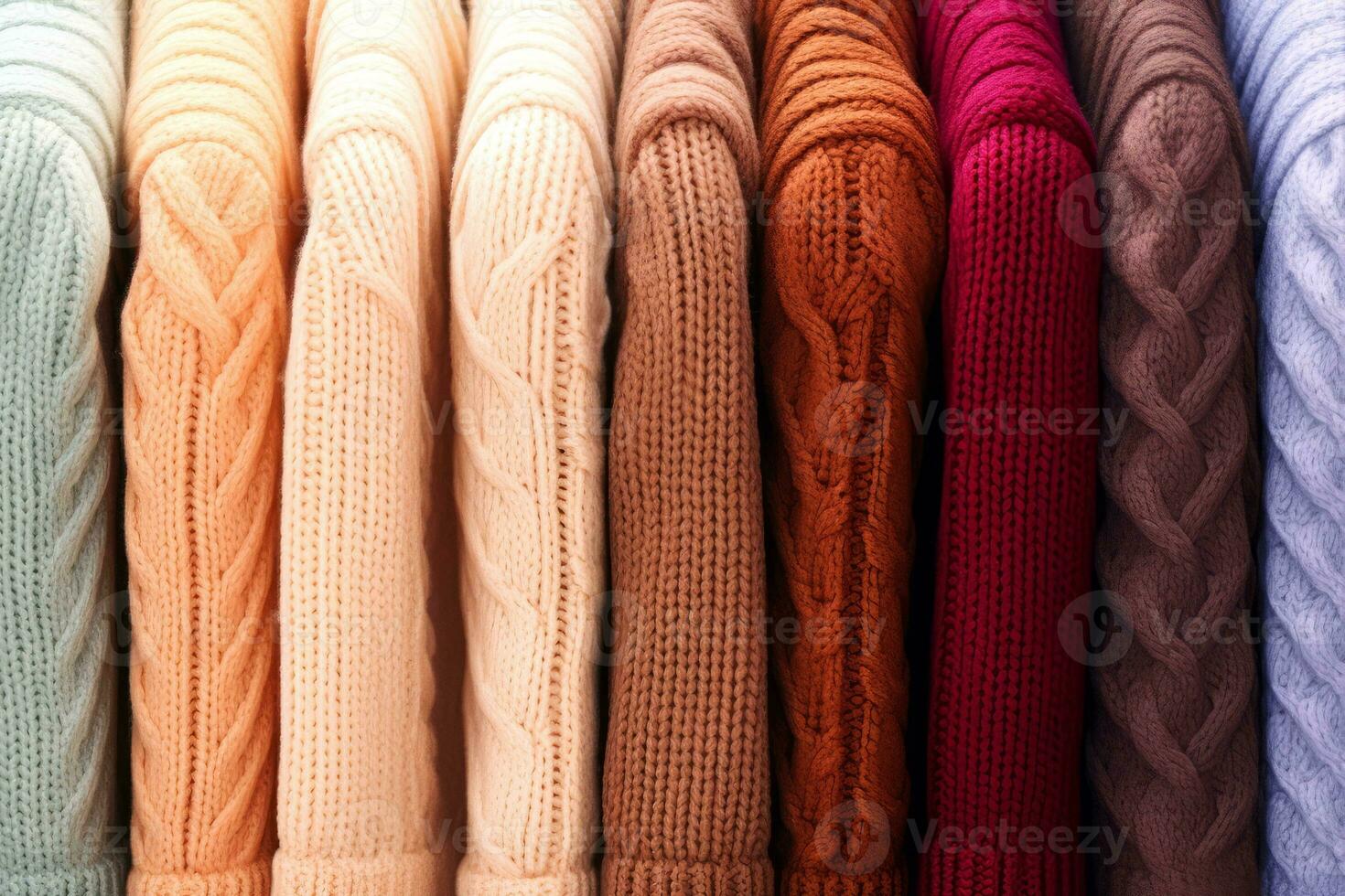 Warm wool sweaters hang on hangers in a row. AI generated. photo