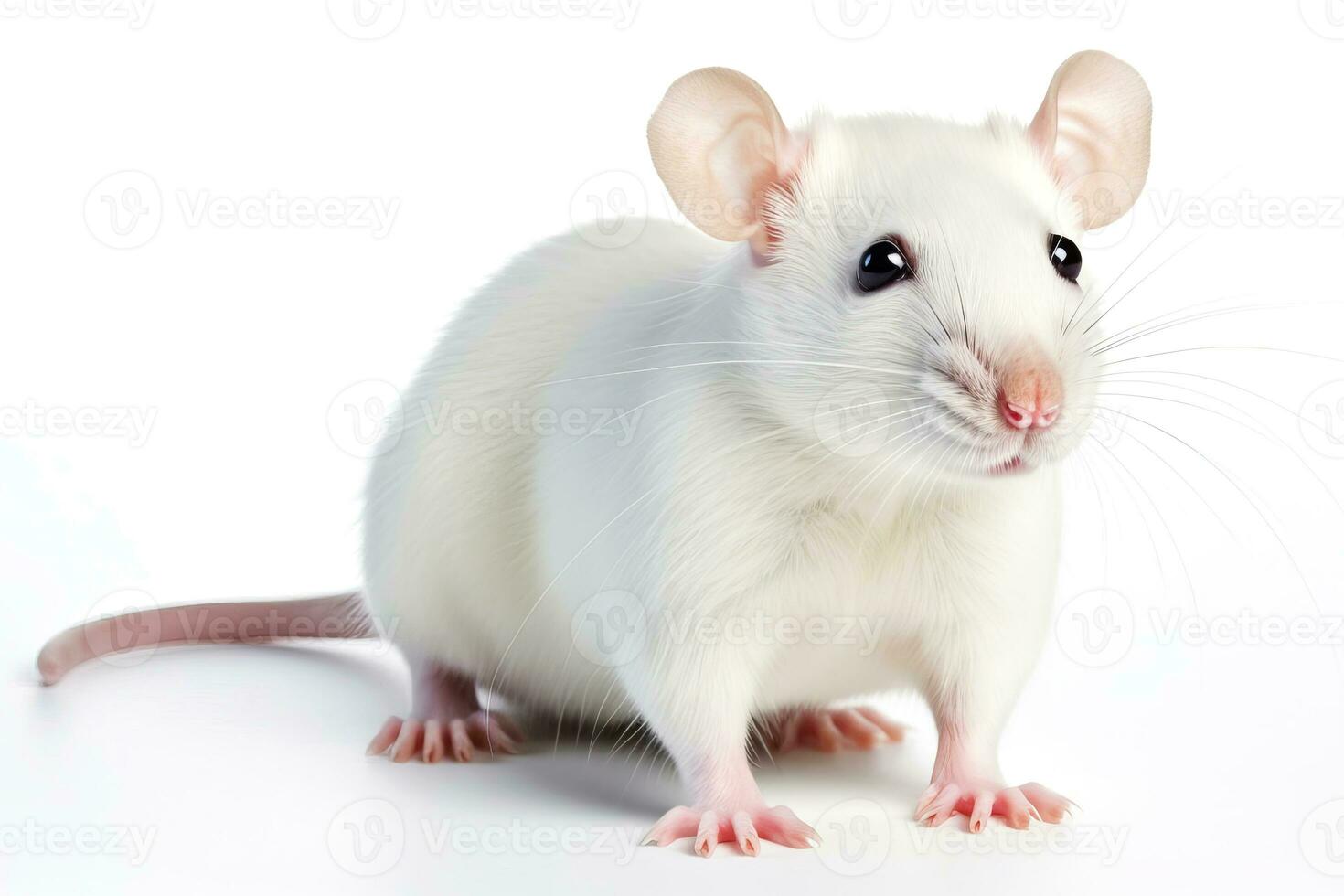 Close-up of a copy space white tame rat on a white background. AI generated. photo