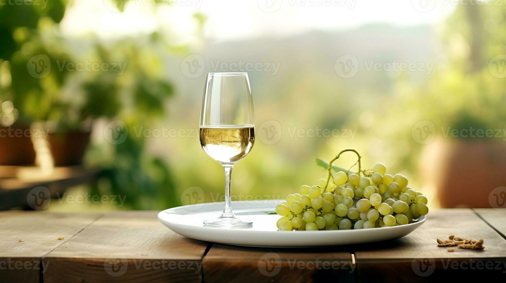 A glass of wine and a bunch of grapes, backdrop of a landscape with vineyards. AI generated. photo