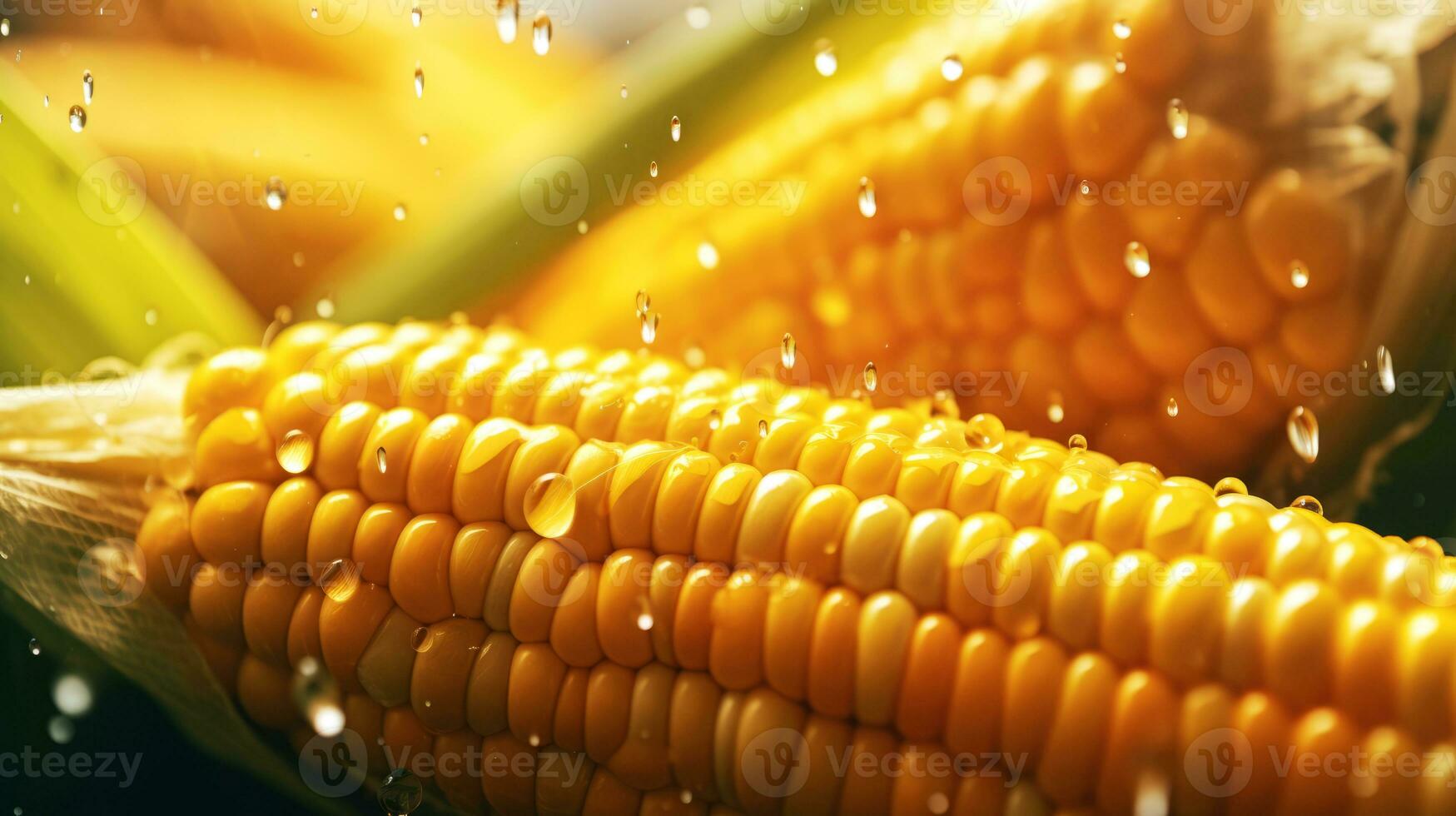 Close-up of fresh ripe corn cobs with water drops. AI generated. photo