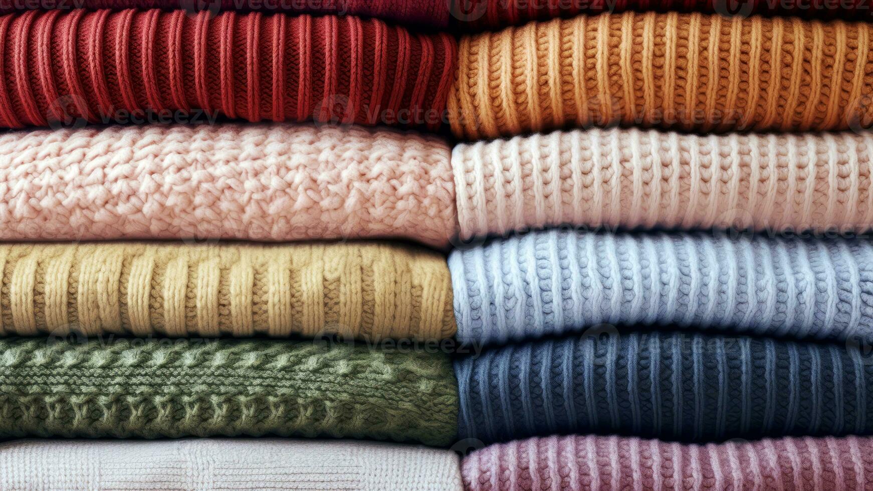 Warm woolen sweaters stacked in a row. AI generated. photo