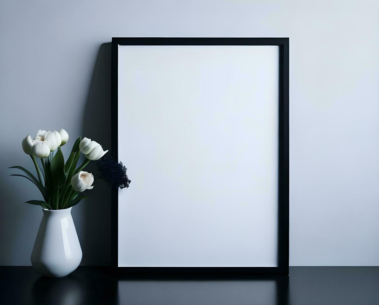 White blank frame mockup with black border on wall and flower ai generate photo