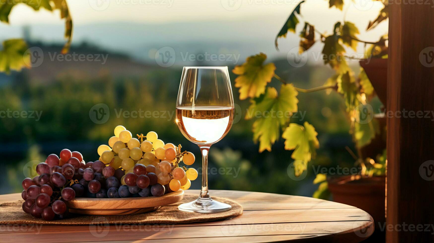 A glass of wine and a bunch of grapes, backdrop of a landscape with vineyards. AI generated. photo
