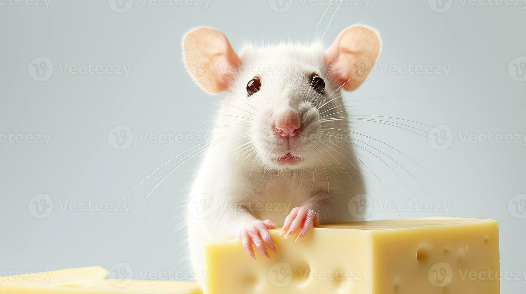 Close-up copy space white tame rat or mouse with cheese. AI generated. photo