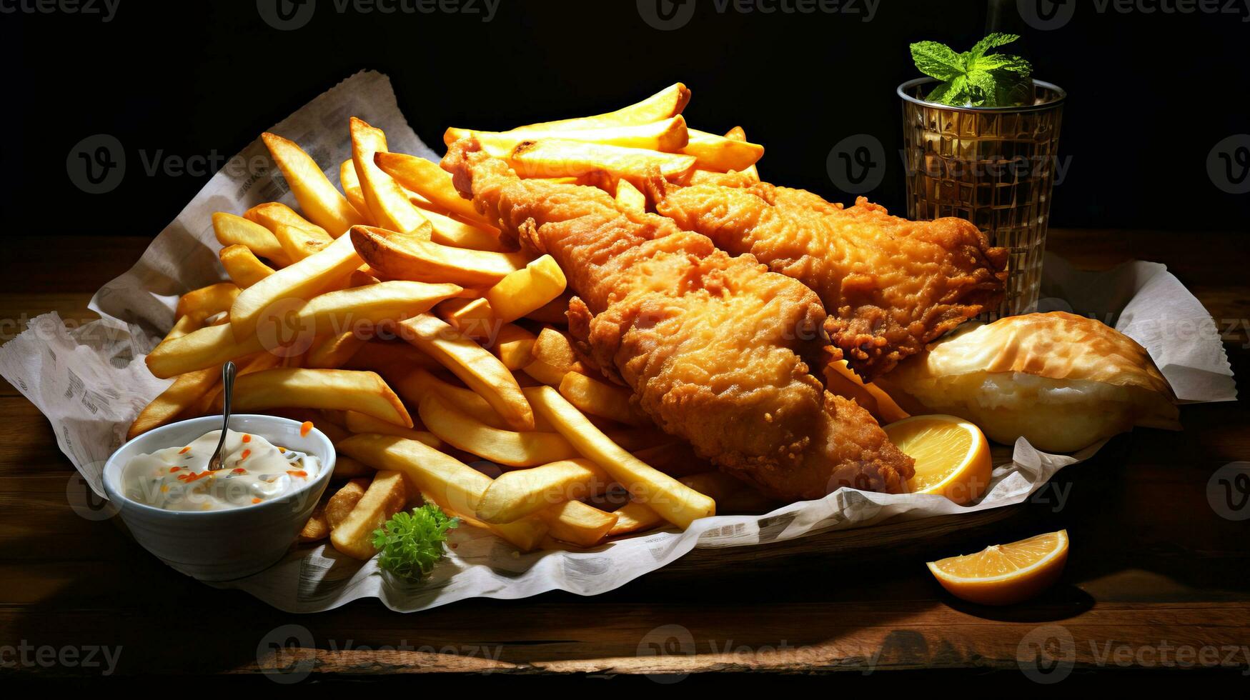 British traditional food fish and chips on a wooden surface. photo