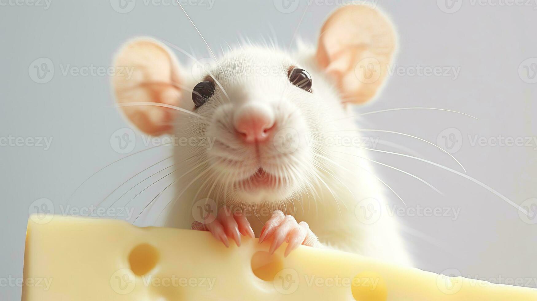 Close-up copy space white tame rat or mouse with cheese. AI generated. photo