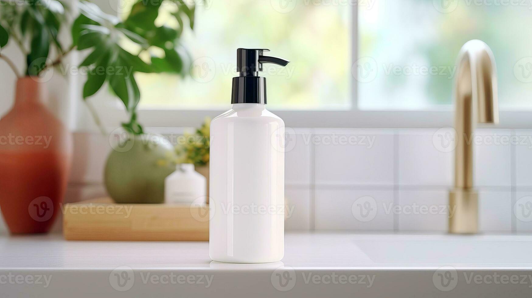 White bottle with a pump for liquid soap in the interior of a home bathroom. AI generated. photo