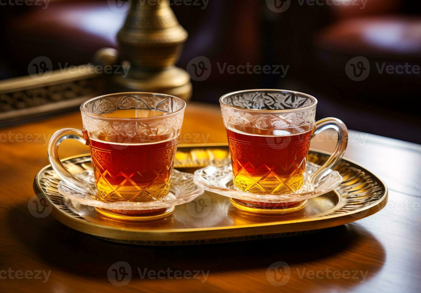 Two glasses of Turkish tea. Selective focus. AI generated. photo