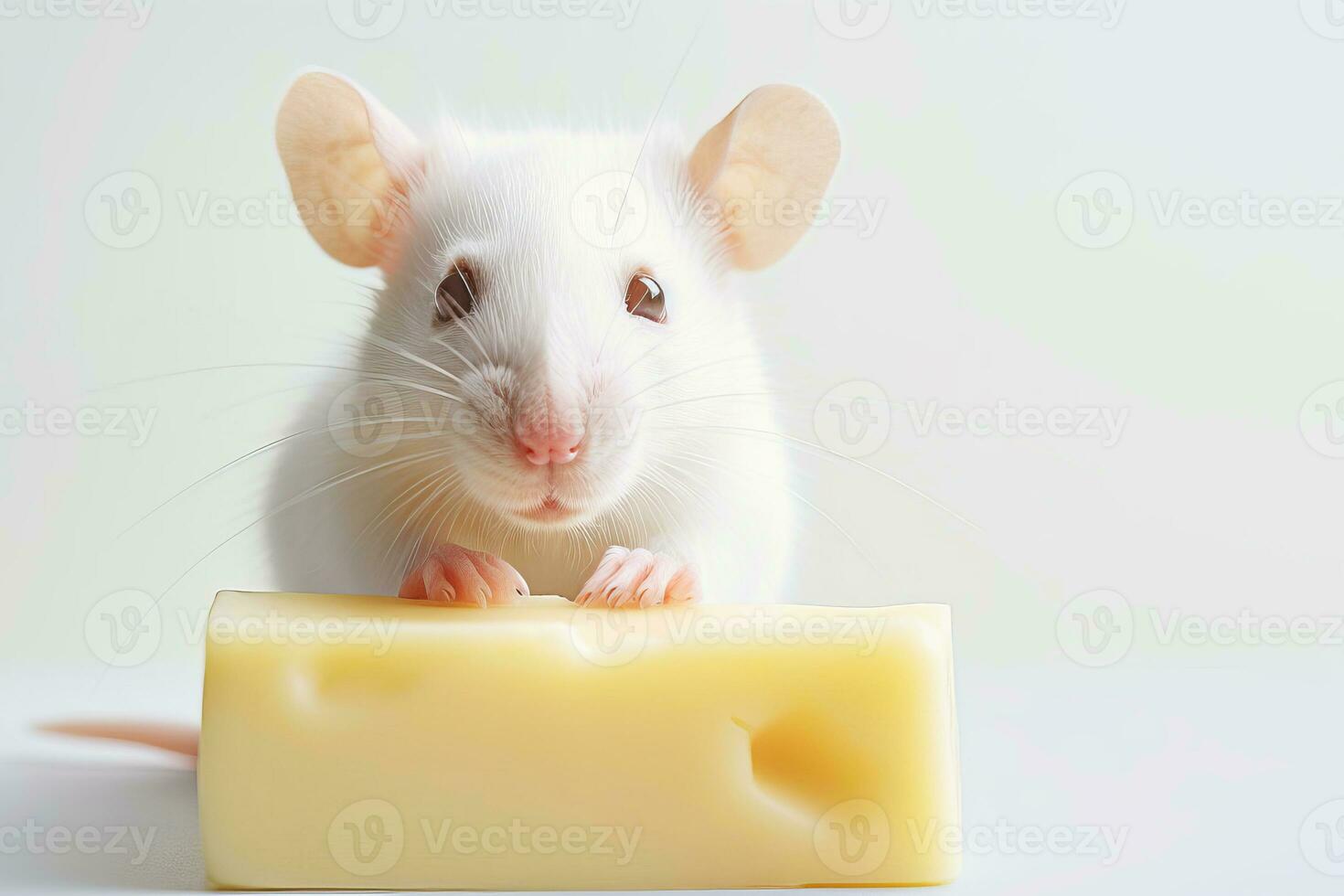 Close-up copy space white tame rat or mouse with cheese. AI generated. photo