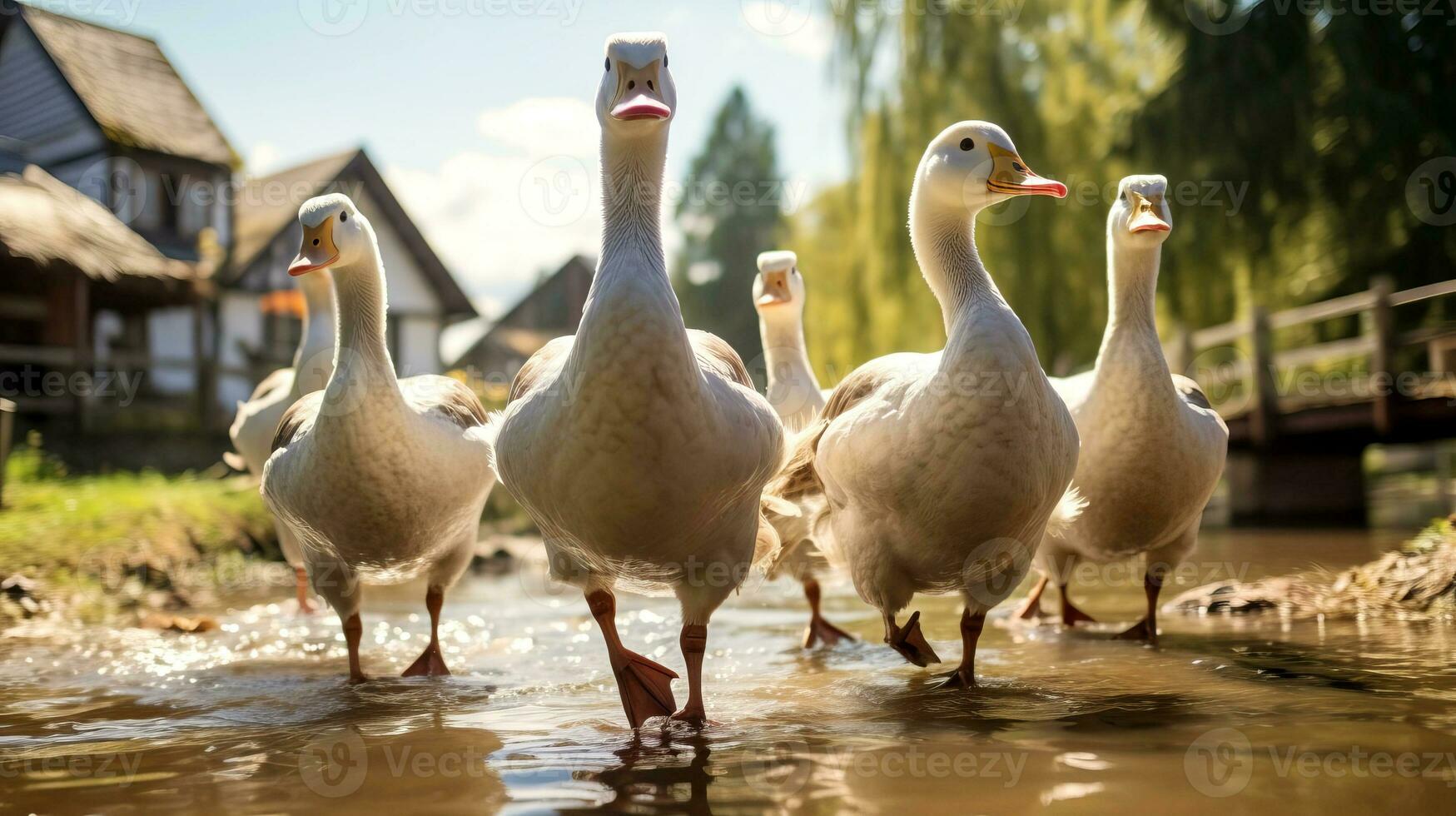 Close-up of domestic geese walking along a village street towards a pond. photo