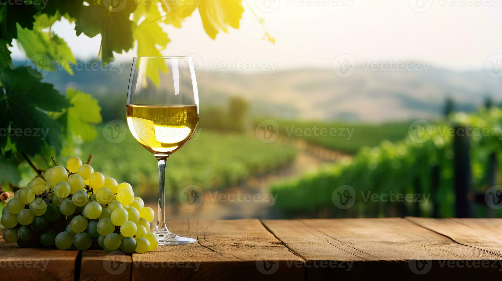 A glass of wine and a bunch of grapes, backdrop of a landscape with vineyards. AI generated. photo