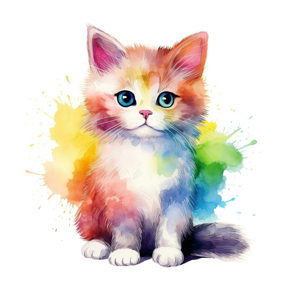 Cute kitten. Watercolor illustration of little cat. Clip art on white background. Generative AI photo