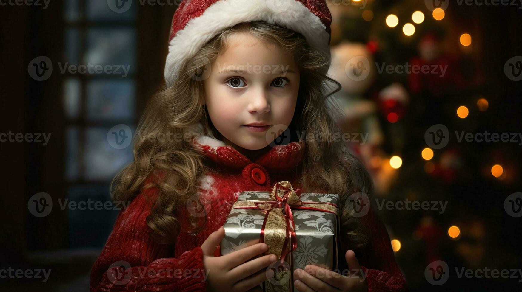 un pequeño niña sostiene un regalo caja con un Navidad o nuevo años regalo. ai generado foto