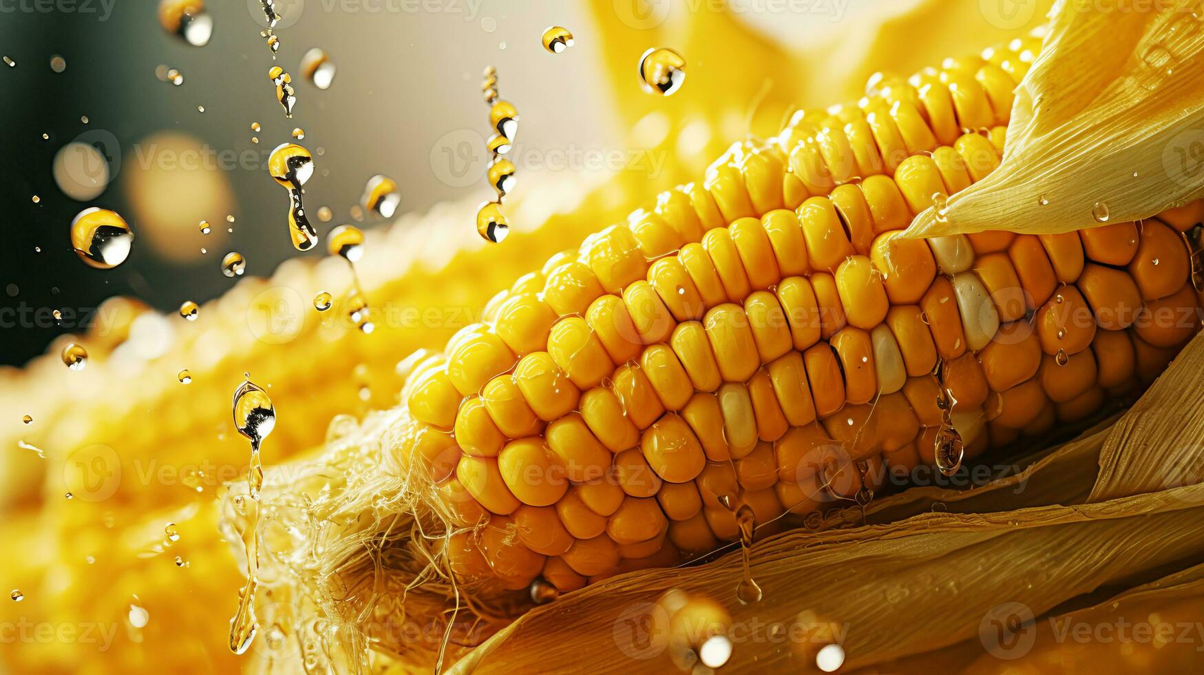 Close-up of fresh ripe corn cobs with water drops. AI generated. photo