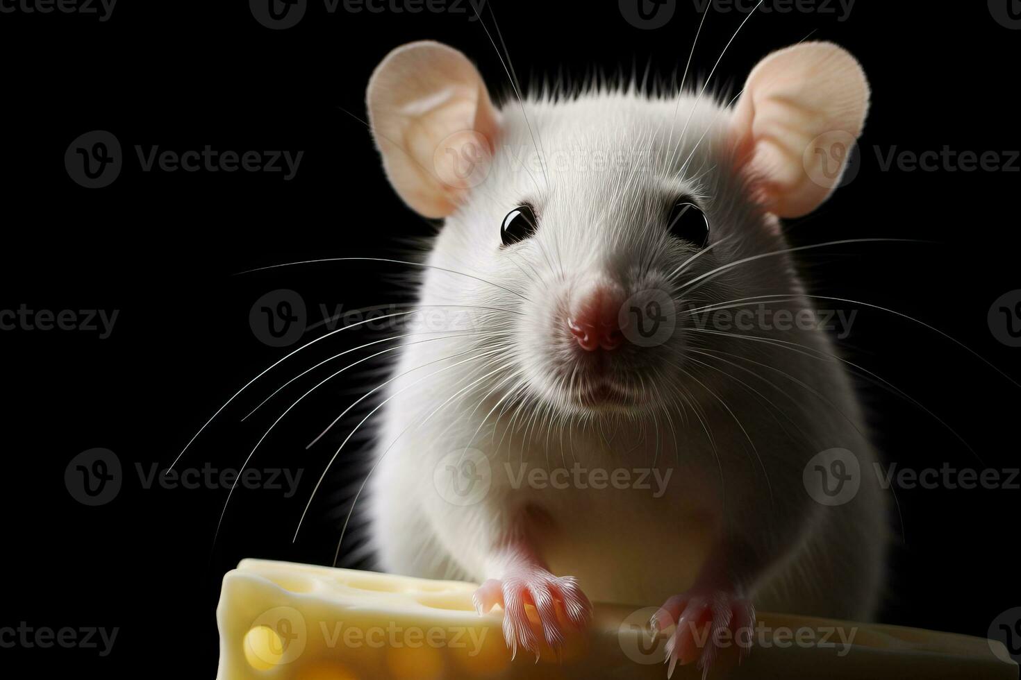 Close-up copy space white tame rat or mouse with cheese. AI generated. photo