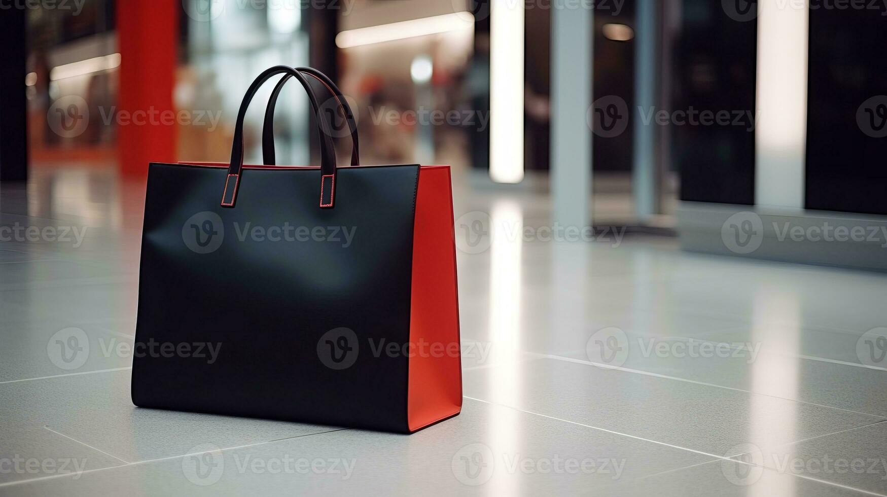 Black and red shopping bag on the floor in a shopping center. Black Friday mood, discounts and sales concept. AI generated photo