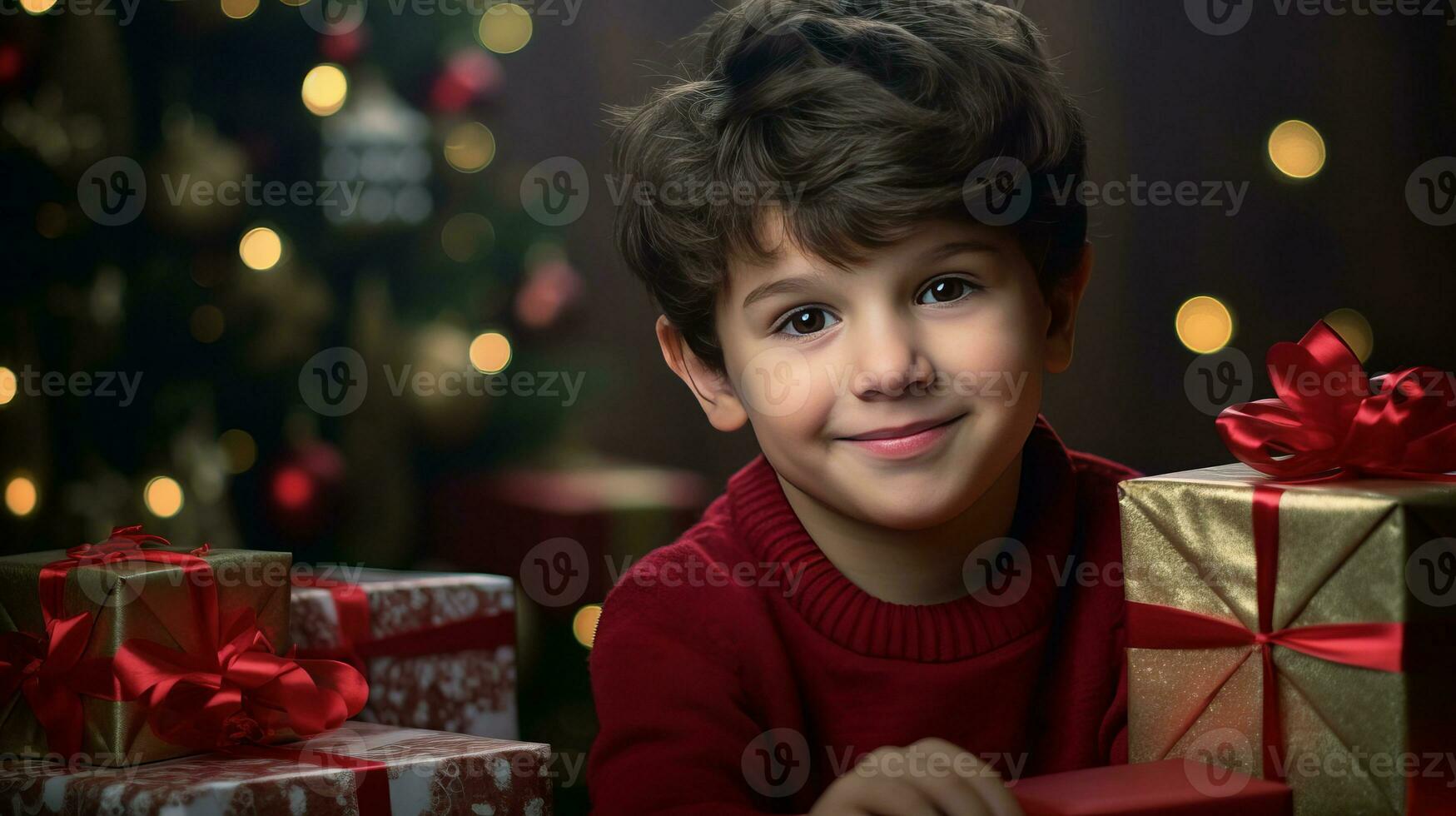 A little boy holds a gift box with a Christmas or New Year's gift. AI generated. photo