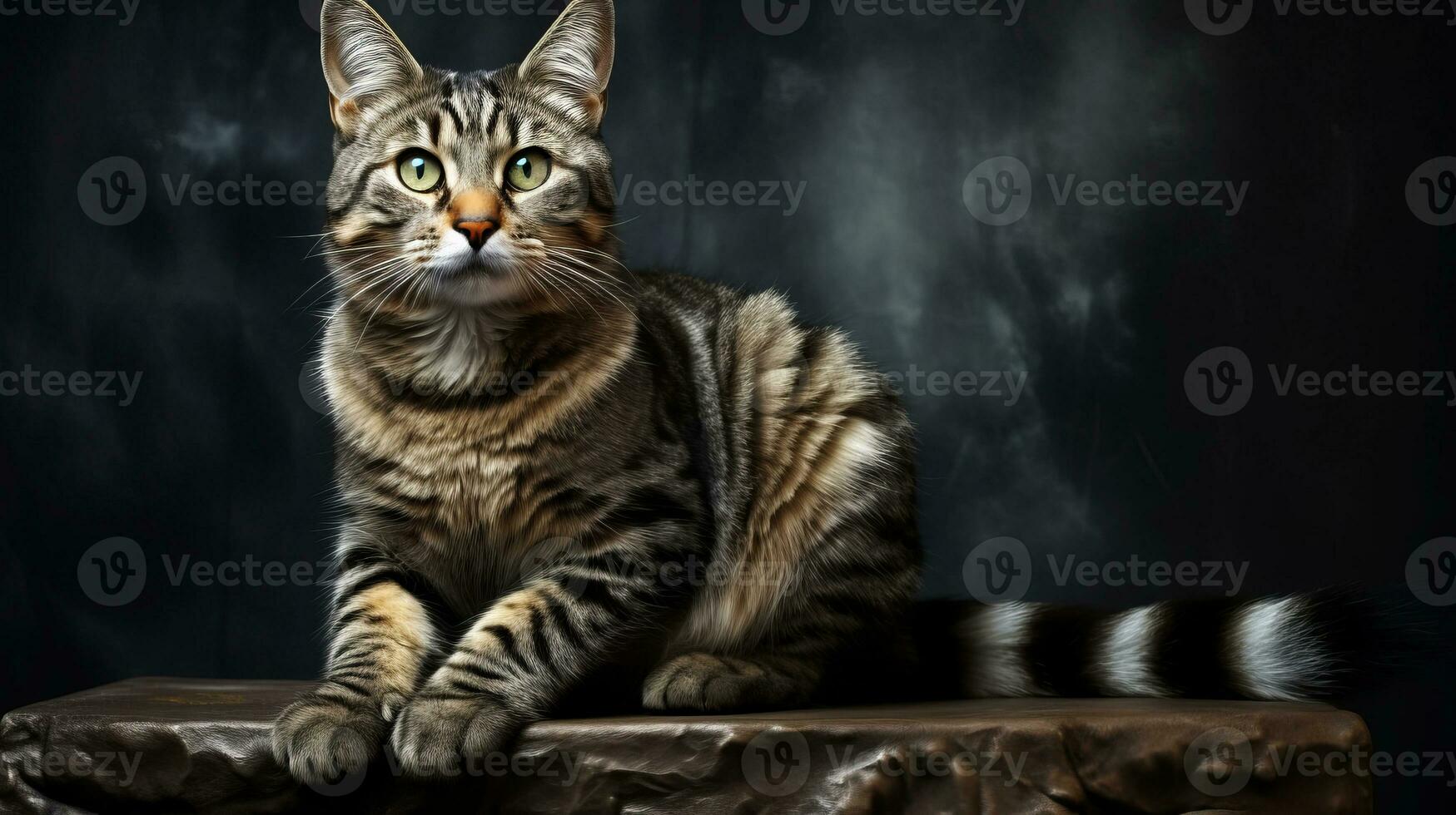 A beautiful adult tabby domestic cat sits on a dark background. AI generated photo