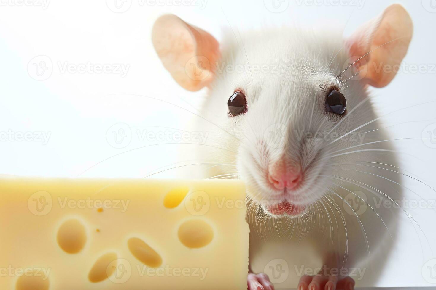 Close-up copy space white tame rat or mouse with cheese. AI generated. photo