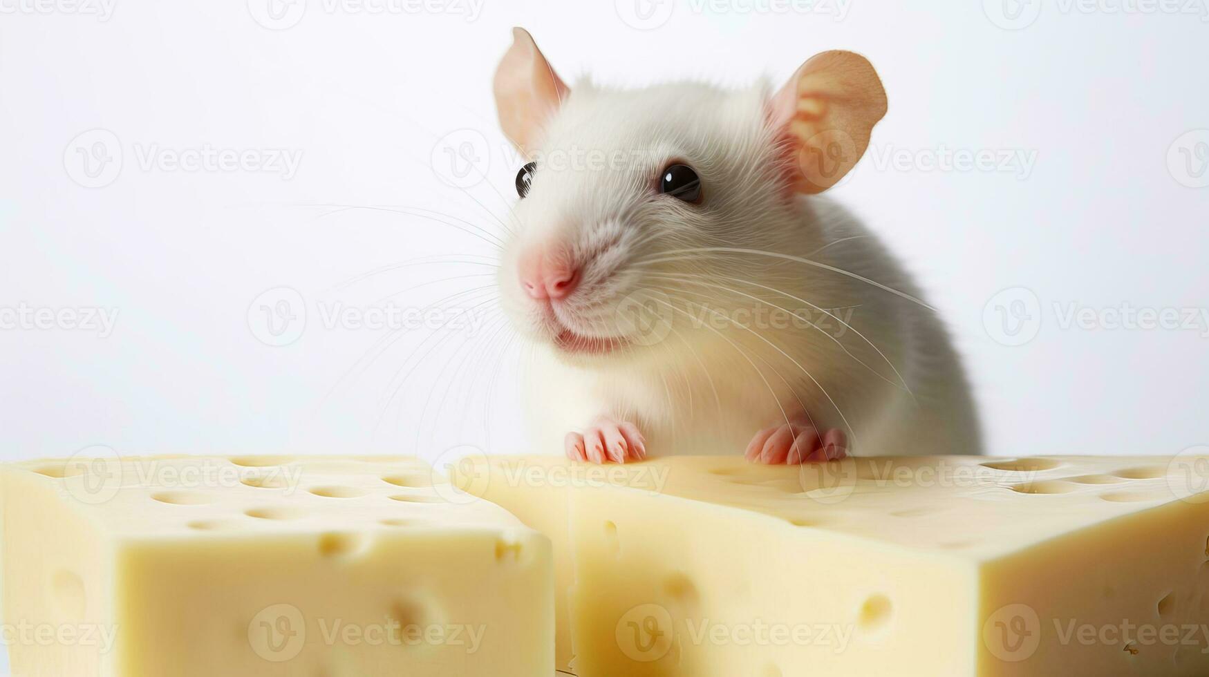 Close-up copy space white tame rat or mouse with cheese. AI generated. photo