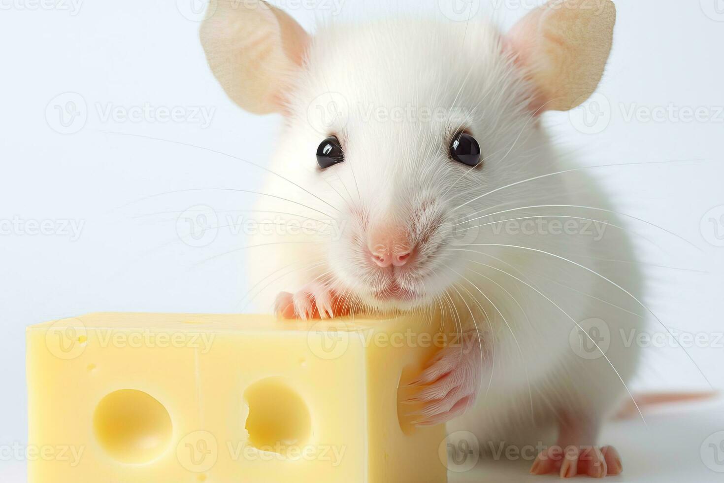 Close-up copy space white tame rat or mouse with cheese. AI generated. photo