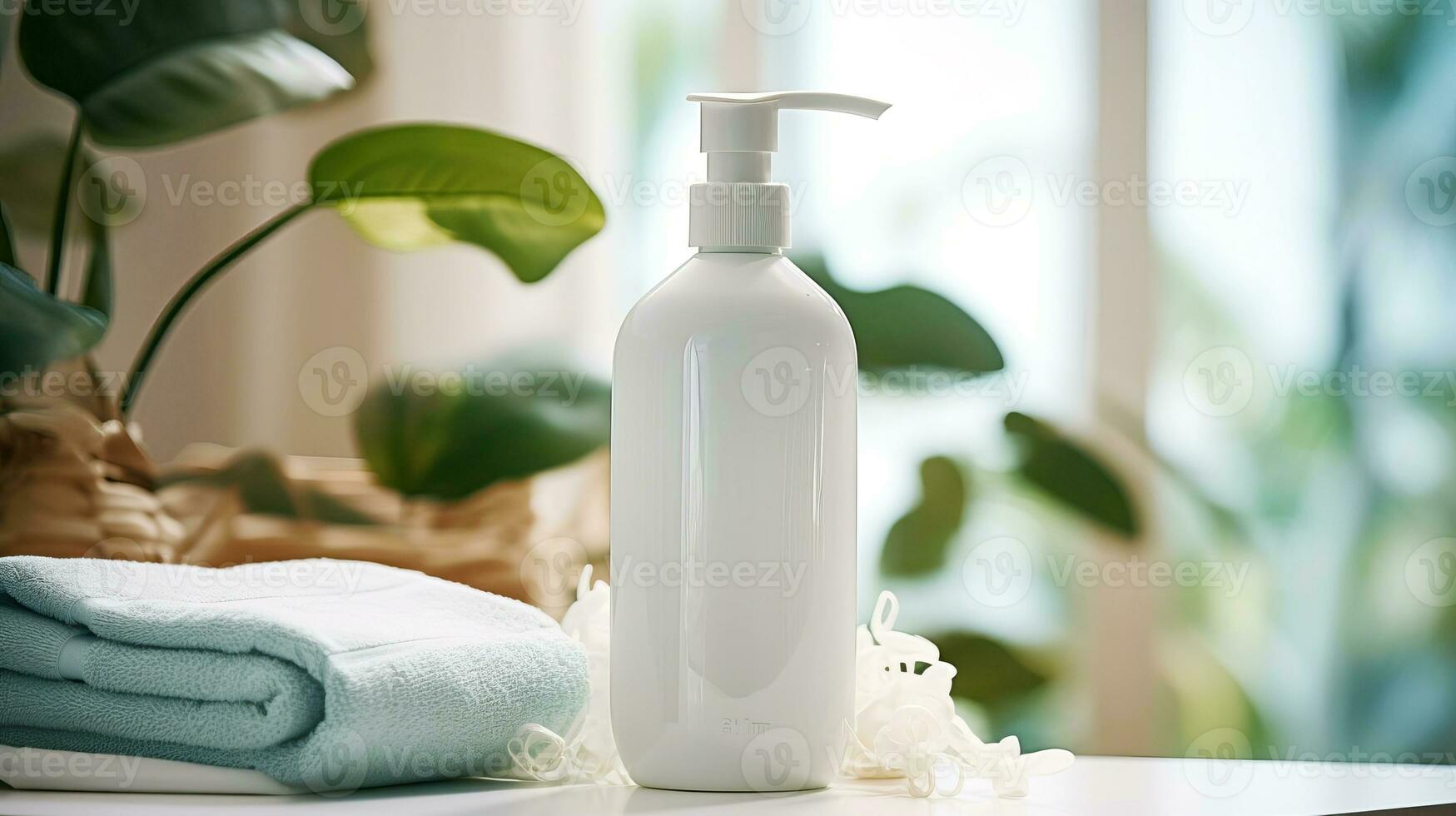 White bottle with a pump for liquid soap in the interior of a home bathroom. AI generated. photo