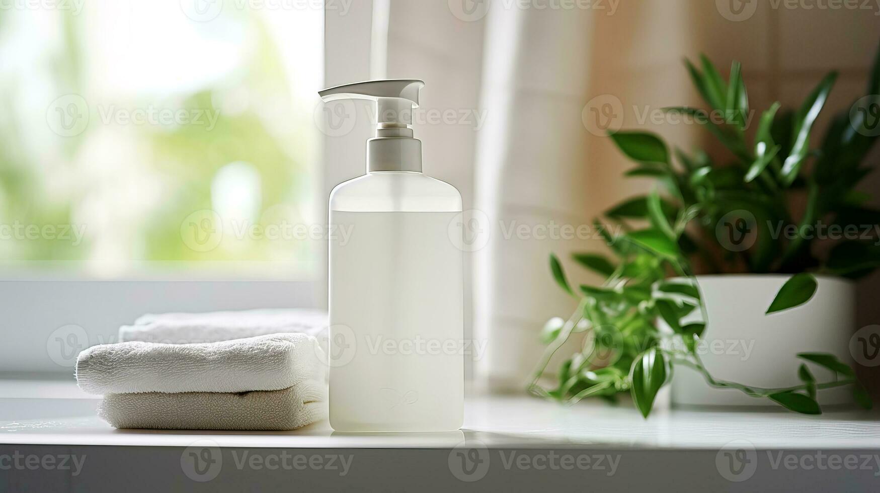 White bottle with a pump for liquid soap in the interior of a home bathroom. AI generated. photo