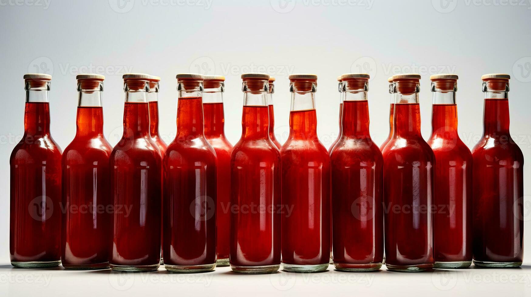 Glass transparent bottles with homemade tomato sauce. AI generated. photo