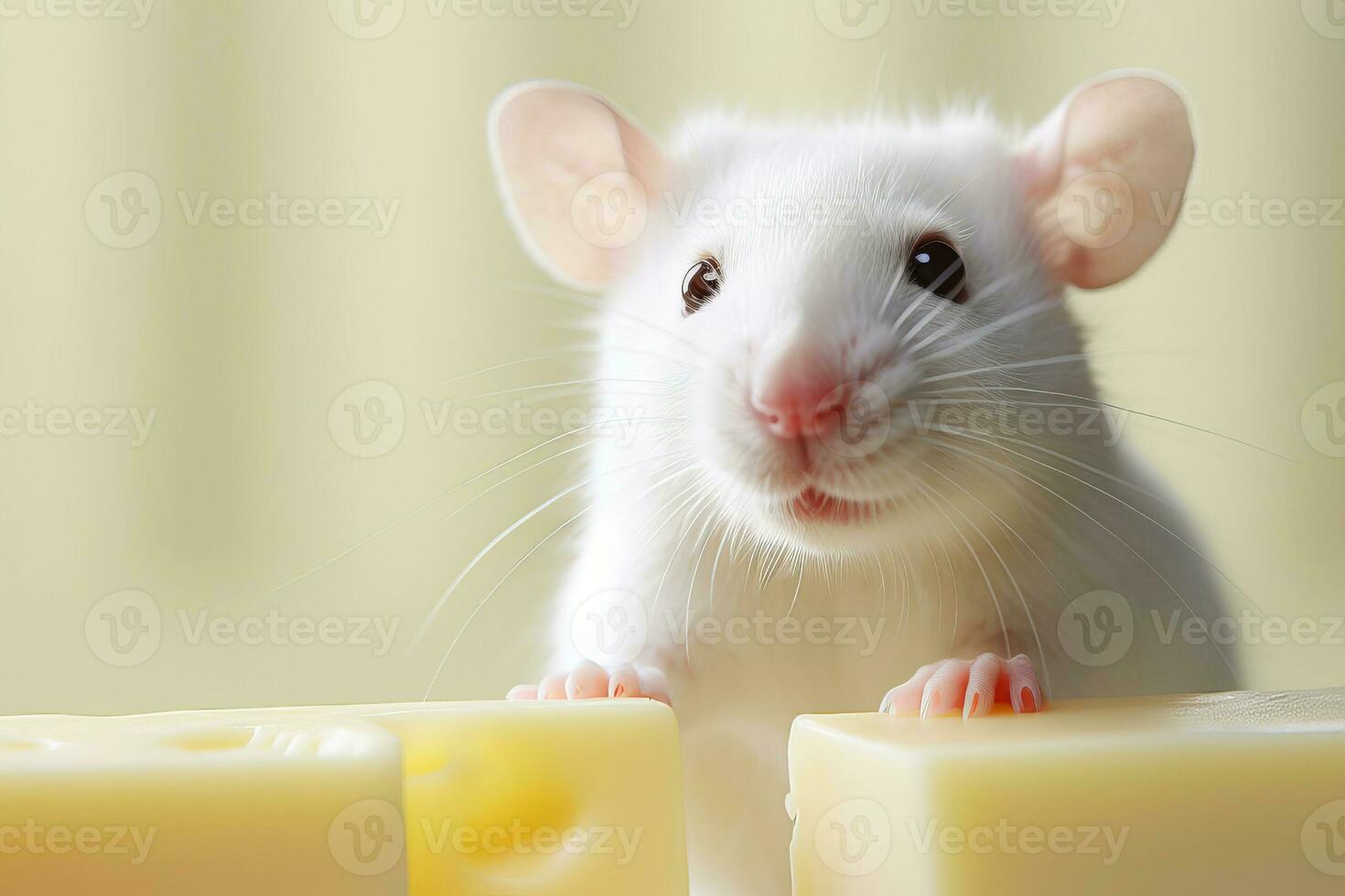 Close-up copy space white tame rat or mouse with cheese. AI generated. photo