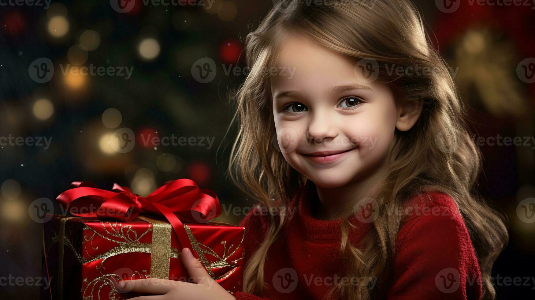 A little girl holds a gift box with a Christmas or New Year's gift. AI generated photo