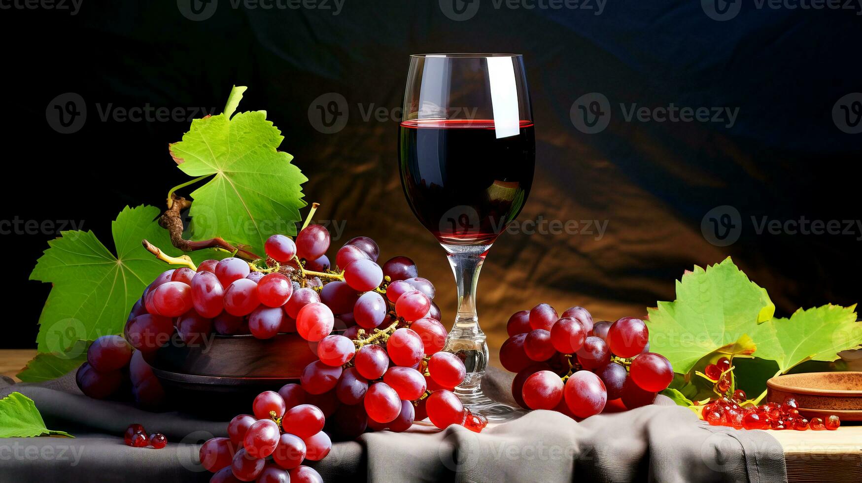 A glass of wine and a bunch of grapes. AI generated. photo