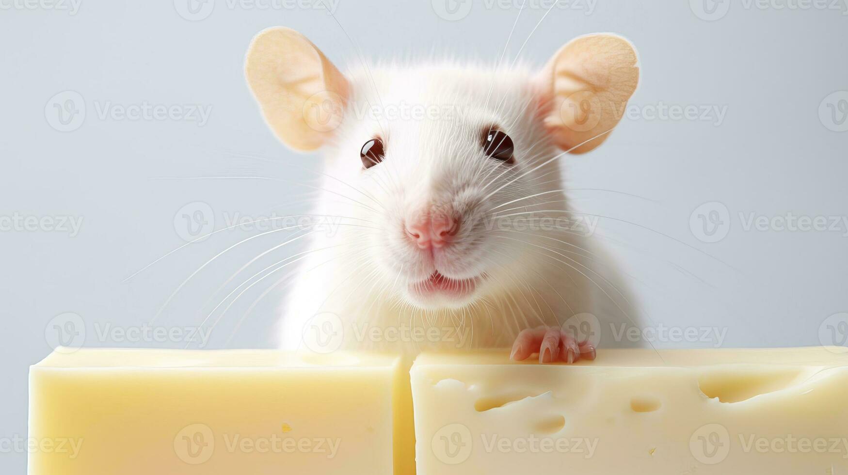 Close-up copy space white tame rat or mouse with cheese. AI generated. photo