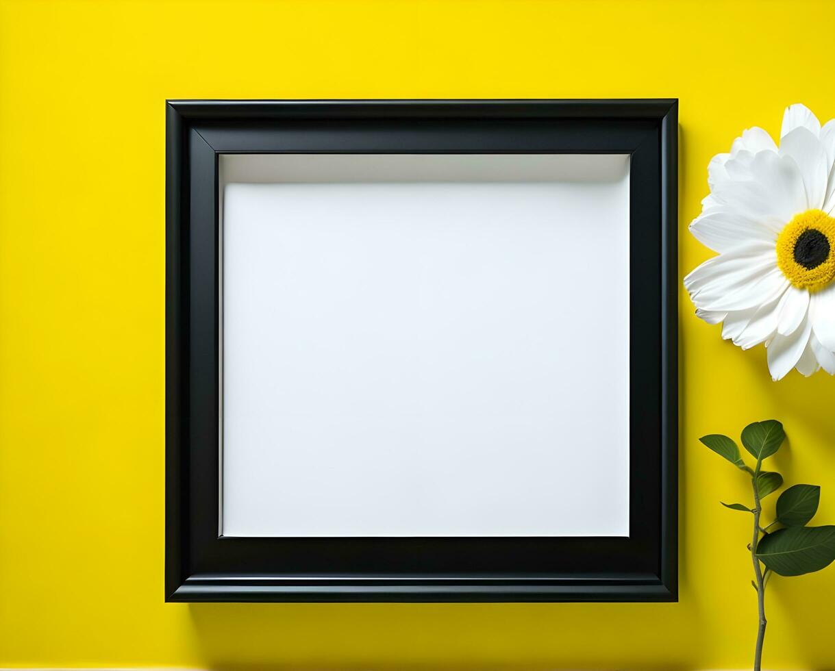 White blank frame mockup with black border on wall and flower ai generate photo