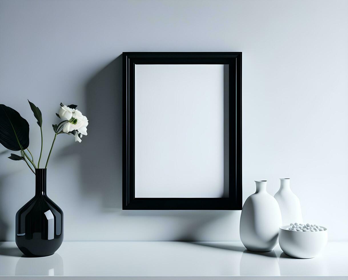 White blank frame mockup with black border on wall and flower ai generate photo