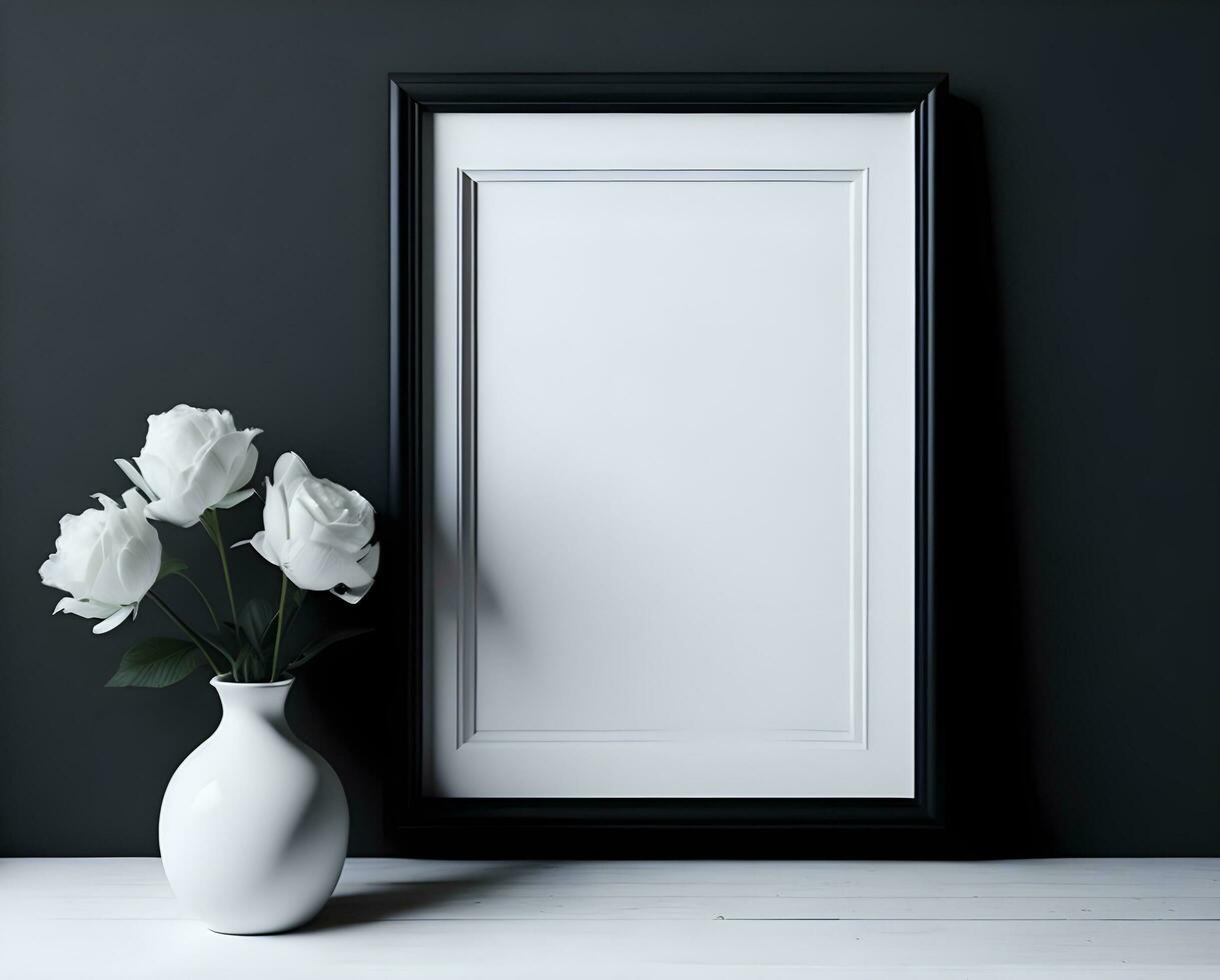 White blank frame mockup with black border on wall and flower ai generate photo