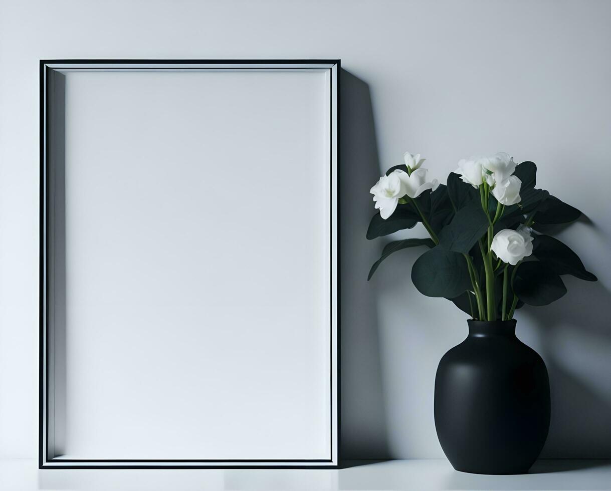 White blank frame mockup with black border on wall and flower ai generate photo