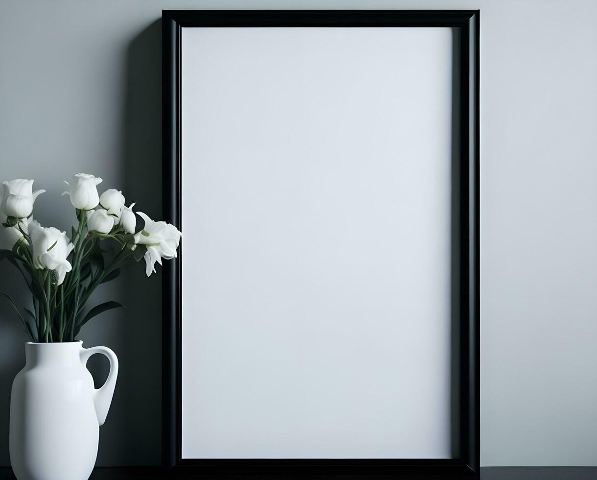 White blank frame mockup with black border on wall and flower ai generate photo